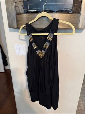 IMAN Black Sleeveless Tank with Gold and Gray Beaded V-Neck